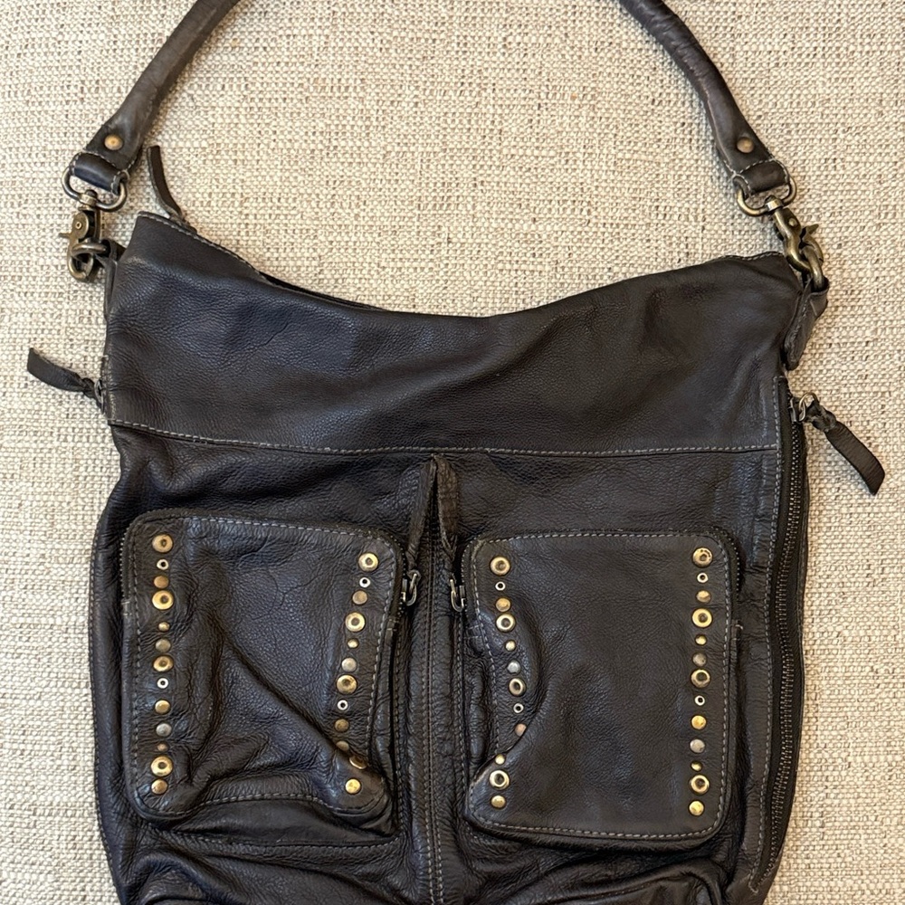 Amersterdam Heritage Distressed brown leather shoulder tote with studded detail